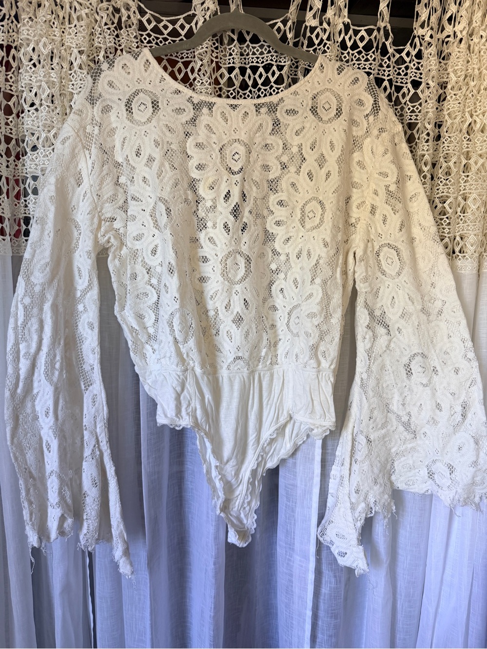 Free People: White Lace Crochet Long-Sleeve Bodysuit: L: White